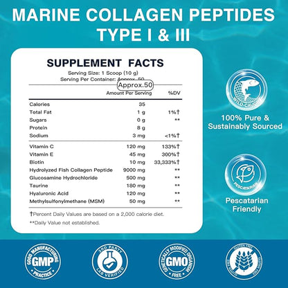 Marine Collagen Peptides Powder with MSM + GC, Multi Type I & III Collagen with Hyaluronic Acid, Vitamin C & E for Skin, Hair & Nails, Wild-Caught Fish, 50 Servings