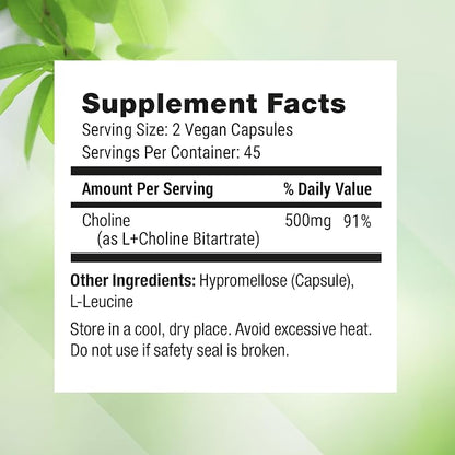 Nested Naturals Choline Bitartrate 500mg - High Potency Choline Supplements - Supports Cognitive Performance & Liver Function - 100% Vegan & Non-GMO - 2-Pack (180 Vegan Capsules)