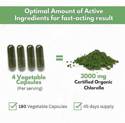 Chlorella Capsules Organic 3000 mg - Cracked Cell Wall Blue Green Algae Supplement - Best Natural Detox Cleanse - Plant Vitamins Minerals Chlorophyll Vegan Protein Powder Pills - Made in USA