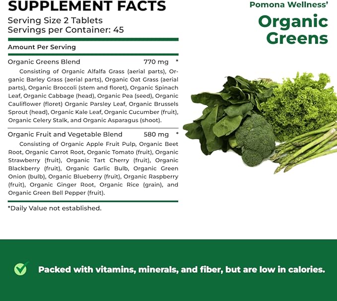 Pomona Wellness Super Greens Supplement, Full of Superfood Vitamins & Minerals, Fruits & Vegetable, Greens Powder for Bloating and Digestion, Gut Health, USDA Organic, Non-GMO, 240 Tablets (2 Pack)