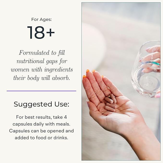 Multivitamin for Women (120 Vegetarian Capsules) Whole Food Vitamin with Essential Nutrients, Natural Calcium, Magnesium, Selenium, Zinc, Biotin, Vitamin A, B6, C, D3, E, K and More