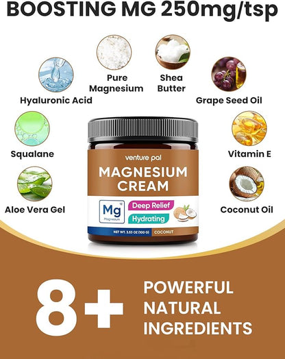 Venture Pal Magnesium Lotion, Topical Magnesium Cream for Sleep, Leg Cramps & Pain, Muscle Relaxation, Calm, Moisturizing Supplement with Coconut Oil, Shea Butter & Hyaluronic Acid, Safe for Kids