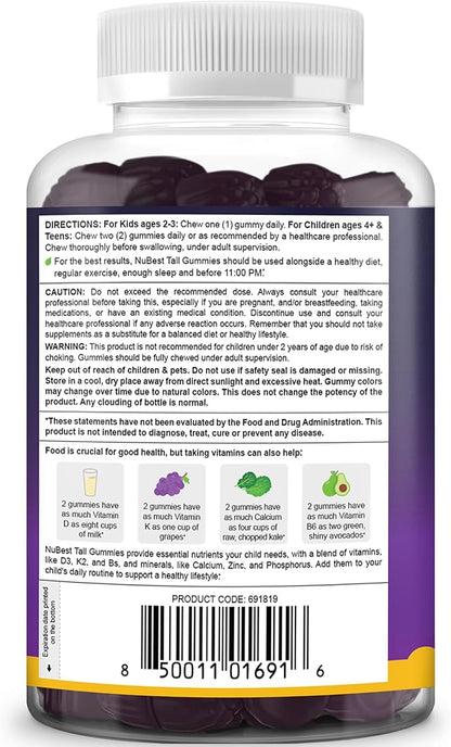NuBest Tall Gummies for Kids Age 2+ & Teens | Bone Strength, Immunity, Digestive Health with Calcium, Vitamin D3, K2, B Complex, Magnesium, Zinc | 20+ Vitamins Berries Gummies, No Added Sugar
