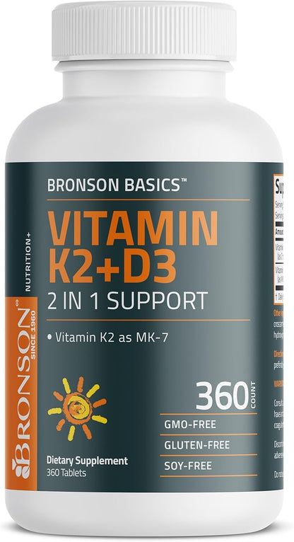 Bronson Vitamin K2 D3 (MK7) Supplement Non-GMO Formula Vitamin D3 5000IU (125 mcg) & 90 mcg K2 MK-7, Easy to Swallow D & K Complex, 360 Tablets