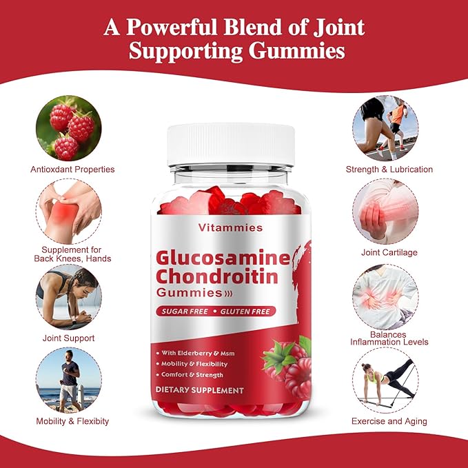 Glucosamine Chondroitin Gummies with MSM & Elderberry Extra Strength - Joint Support, Antioxidant Immune Support Supplement for Adults, Men & Women - 60 Raspberry Gummies