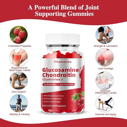 Glucosamine Chondroitin Gummies with MSM & Elderberry Extra Strength - Joint Support, Antioxidant Immune Support Supplement for Adults, Men & Women - 60 Raspberry Gummies