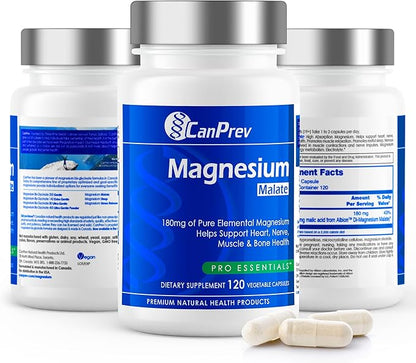 CanPrev Magnesium Malate, 120 Veg Caps, 120-Day Supply, 180mg Elemental Magnesium & 540mg Malic Acid, Vegan & Non-GMO, Supports Relaxation, Energy, Muscle Function, Bone Strength & Overall Well-Being