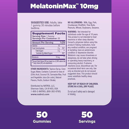 Natrol MelatoninMax Sleep Aid Gummy, 10mg per Gummy, Maximum Strength for Better Sleep, 10mg, 50 Blueberry Flavored Gummies (Pack of 12)