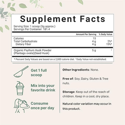 Organic Psyllium Husk Powder, 2 Pounds (32Oz) - Unflavored - Soluble Fiber Supplement for Baking, Smoothie and Beverage, India Origin, Keto Diet, Gluten Free, No GMOs, and Vegan Friendly