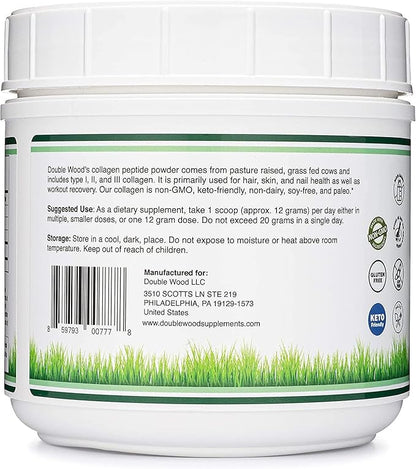 Collagen Peptides Powder - Hydrolyzed Collagen, Keto Safe - 16.08oz - Multi Type 1, 2, and 3 (Grass Fed Bovine Source)(Colageno Hidrolizado) Collagen Supplements for Women and Men by Double Wood