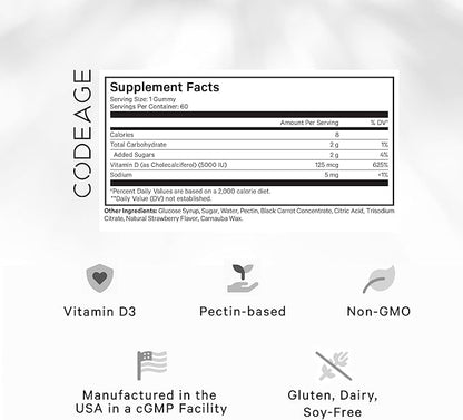 Codeage Vitamin D3 Gummy Vitamins, Vitamin D3 5000 IU Gummies Cholecalciferol 125 mcg, Soft Pectin-Based, Animal Gelatin-Free Gummy, Gummies Vitamins, Tasty Strawberry, Non-GMO - 2-Pack