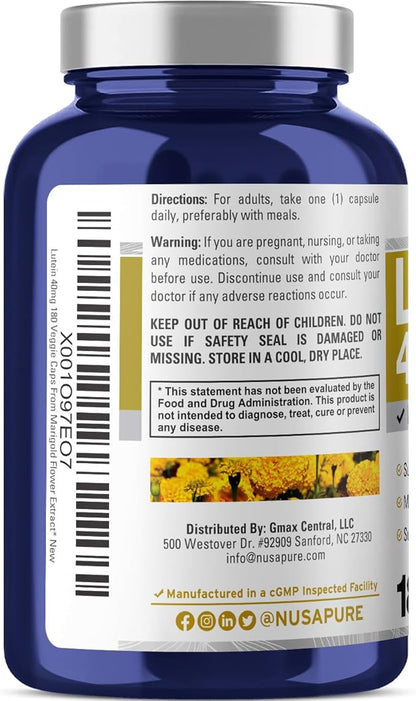 NusasPure Lutein 40mg 180 Veggie Capsules (Non-GMO, Vegan)