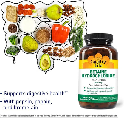 Country Life Betaine Hydrochloride with pepsin 600 mg - 250 Tablets