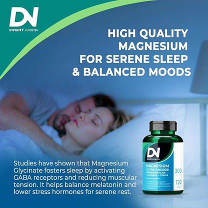 Triple Magnesium Complex Supplement,300mg of Magnesium Glycinate, Malate & Citrate for Muscles, Nerves, & Energy, High Absorption, 120 Vegan Capsules，Non-GMO USA Made