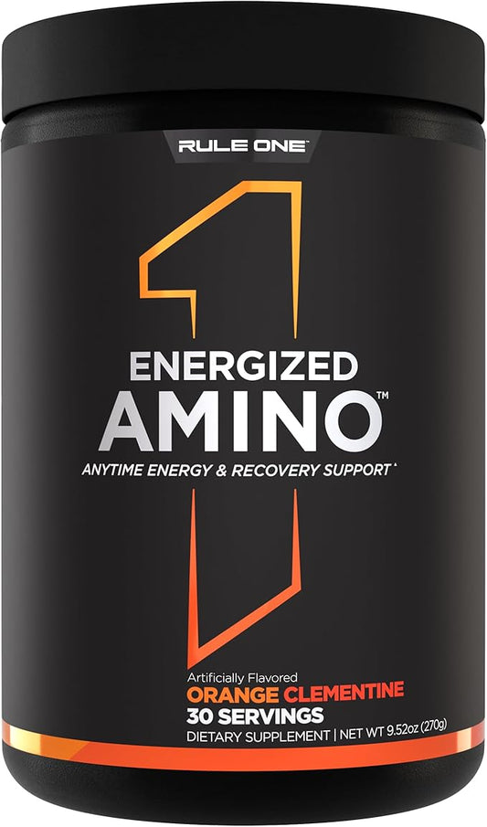 Rule 1 Energized Amino – Anytime Energy and Recovery Support with BCAAs, Glutamine, Citrulline, Beta Alanine, and Caffeine from Green Coffee & Tea Leaf Extracts (30 Servings, Orange Clementine)