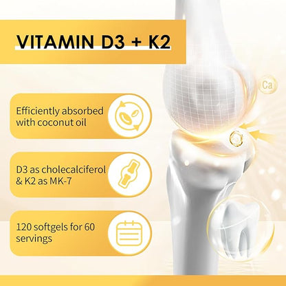 Vitamin D3 K2 Supplement with Vitamin D3 5000 IU, 200 mcg Vitamin K2 MK-7 & Natural Coconut Oil, Plant Based 2-1 Formula for Bone, Teeth, Muscle and Immune Health Support,120 Softgel Capsules