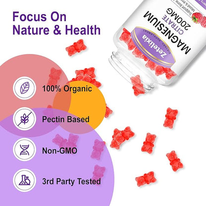 Magnesium Citrate Gummies, High Absorption Magnesium Gummies for Adults, Muscle & Teeth Support, 60 Vegan Natural Raspberry Gummies