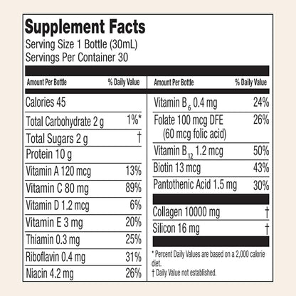 Liquid Collagen Sport- High Collagen Content [10,000 Mg] Per Serving - Hydrolyzed Collagen Drink and 12 Vitamins Orthosilicic Acid | Helps Bone Health, Hair, Nails | (30 Bottles x 30 ML)