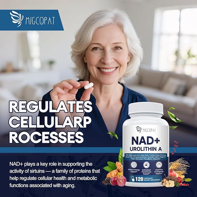 NAD Supplement for Women Men with Urolithin A, Resveratrol, PQQ, Alpha Lipoic Acid, Quercetin | NAD+ Supplement for Anti Aging, Energy, Antioxidant, Metabolism Support, 120 Capsules