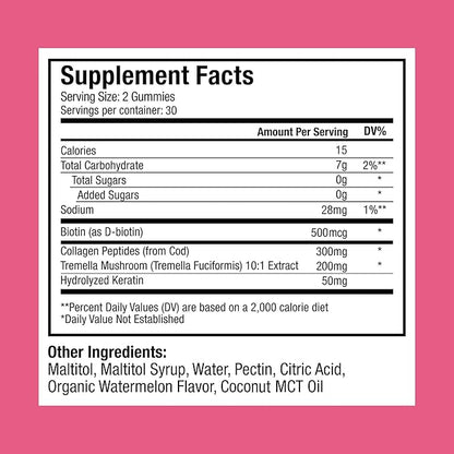Plant People WonderBeauty Hair, Skin & Nails Rejuvenation Gummies with Tremella Mushroom, Marine Collagen Peptides, Keratin, & Biotin – Watermelon Flavor, 60 Gummies
