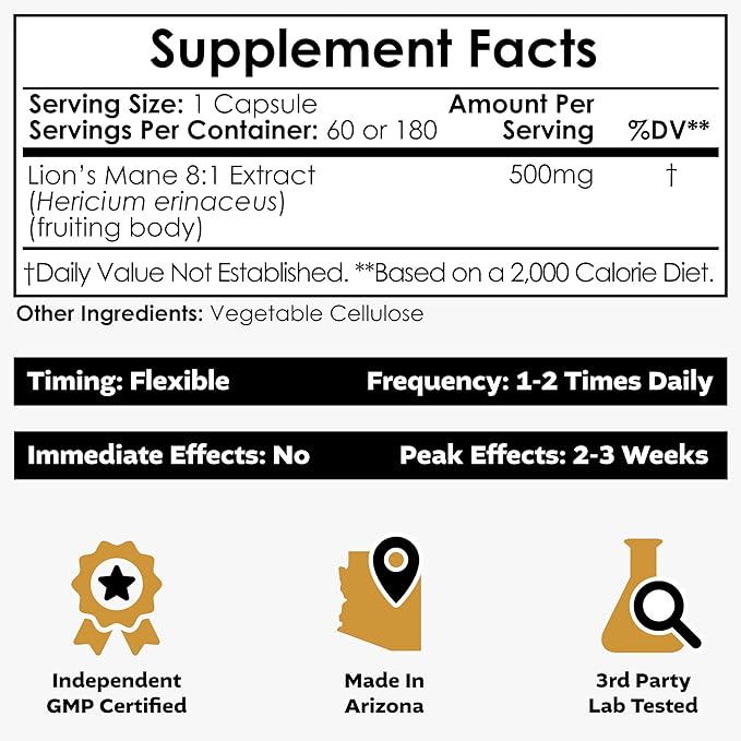 Nootropics Depot Lions Mane Mushroom Capsules | 8:1 Whole Fruiting Body Dual Extract | 500mg | 180 Count | Hericium erinaceus