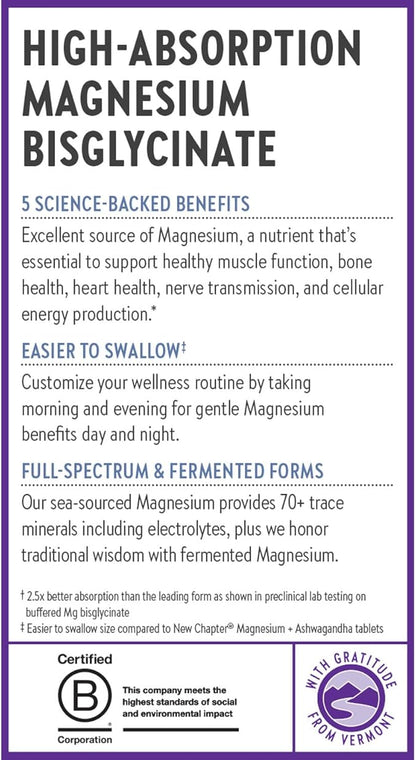 New Chapter Magnesium Complex Supplement for Heart, Bone, Nerve, Muscle & Cellular Energy - Well-Absorbed Magnesium Glycinate + Sea-Sourced & Fermented Forms, 100% Vegan, 60 Tablets