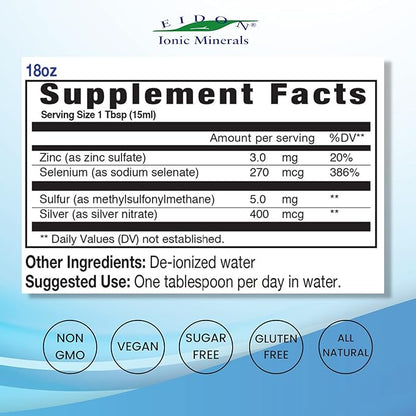 Eidon Ionic Minerals Liquid Immune Support Supplement with Zinc, Selenium, Maintains & Supports Immune System, Bioavailable, No Additives - 18 oz