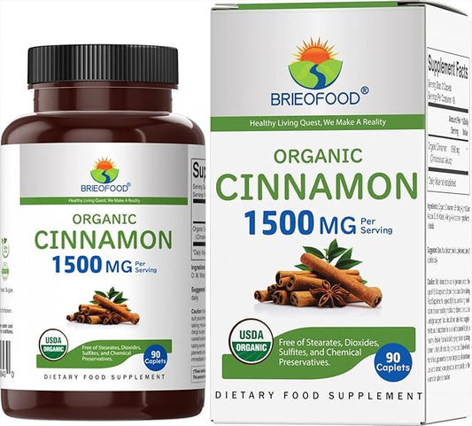 Brieofood Organic Cinnamon 1500mg, 45 Servings, Vegetarian, Gluten Free, 90 Vegetarian Tablets