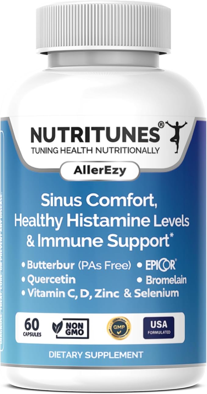 AllerEzy – Supports Healthy Histamine Levels, Sinus Comfort, and Immune Health with Butterbur, EpiCor, Quercetin, Bromelain, Vitamins C and D, Zinc, and Selenium – 60 Capsules
