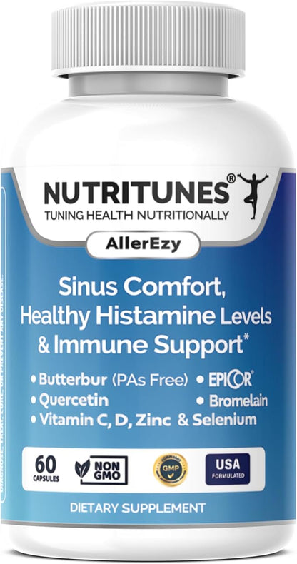 AllerEzy – Supports Healthy Histamine Levels, Sinus Comfort, and Immune Health with Butterbur, EpiCor, Quercetin, Bromelain, Vitamins C and D, Zinc, and Selenium – 60 Capsules