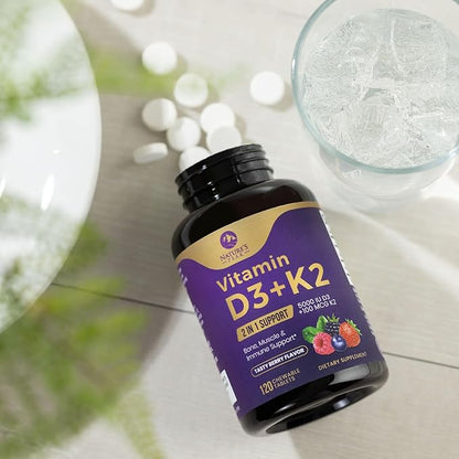 Vitamin D3 5000 iu Plus K2 (MK-7) 100 mcg - 2 in 1 Vitamins D & K Complex - Supports Calcium Absorption, Bone, Immune, & Heart Health – Made in the USA, Non-GMO, Easy to Swallow, 120 Chewable Tablets