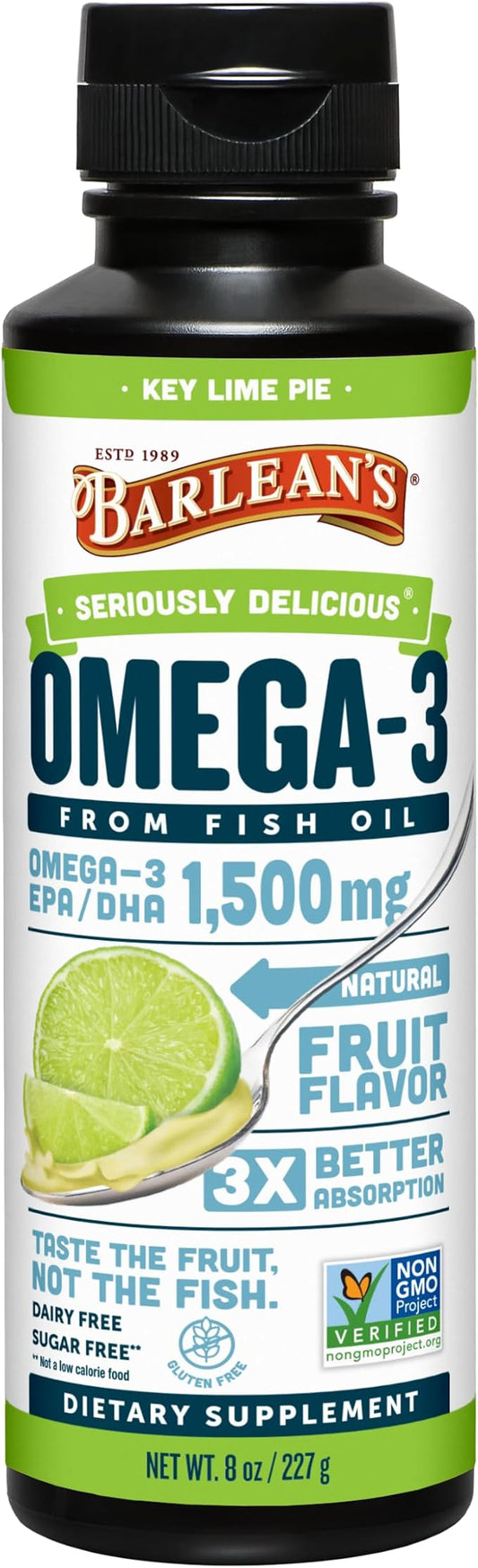 Barlean's Key Lime Pie High Potency Omega 3 Fish Oil Liquid Supplement, 1500mg of EPA& DHA Fatty Acid, Smoothie Flavored & Burpless for Brain, Joint, & Heart Health, 8 oz