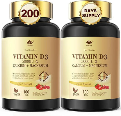 Fast Dissolve Vitamin D3 5000IU with Calcium & Magnesium - for Quick Nutrient Absorption-Sugar Free Chewable Supplement for Bones Strength, Teeth, Muscle, Immune Health,200 Fast Melt Tablets