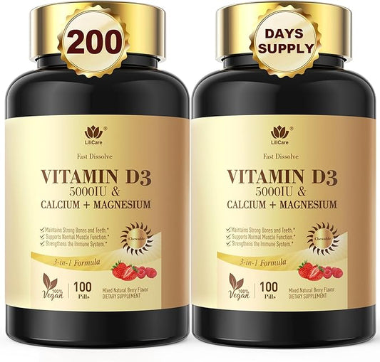 Fast Dissolve Vitamin D3 5000IU with Calcium & Magnesium - for Quick Nutrient Absorption-Sugar Free Chewable Supplement for Bones Strength, Teeth, Muscle, Immune Health,200 Fast Melt Tablets