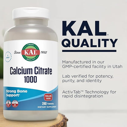 KAL Calcium Citrate 1000mg, Calcium Supplements for Women and Men, Bone Health, Teeth, Nervous, Muscular & Cardiovascular System Support, Gluten Free and Lab Verified, 80 Servings, 240 Tablets