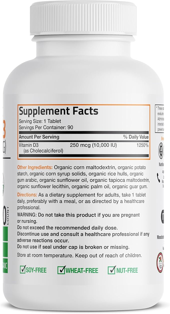 Bronson Vitamin D3 10,000 IU for Immune Support, Healthy Muscle Function & Bone Health, High Potency Organic Non-GMO Vitamin D Supplement, 90 Tablets