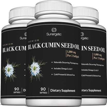 Sunergetic Premium Black Cumin Seed Oil Softgels – 1,000mg of Black Seed Oil Per Serving – Non GMO Cold Pressed Nigella Sativa – Includes Thymoquinone & Omega’s - 90 Softgels