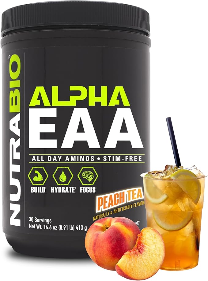 NutraBio Alpha EAA Hydration and Recovery Supplement - Full Spectrum EAA BCAA Matrix with Electrolytes, Nootropics, Coconut Water - Recovery, Energy, Focus, and Hydration Supplement - Peach Tea