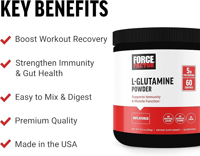 FORCE FACTOR L-Glutamine Powder for Post Workout Recovery, Muscle Recovery, Healthy Muscle Function, and Immunity, 5000mg/5g Glutamine Supplement, Vegan, Non-GMO, 60 Servings