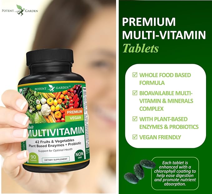 Potent Garden Adult Multivitamin for Women & Men, 42 Fruits & Vegetables Plus Probiotics, Supports Energy Metabolism & Immune System, Daily Multivitamin for Men & Women Non-GMO, 90 Tabs, 30 Servings