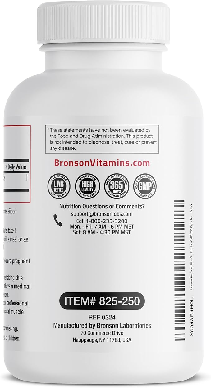 Bronson Red Yeast Rice 600 MG Monascus Purpureus Herbal Health, Non-GMO, 250 Capsules