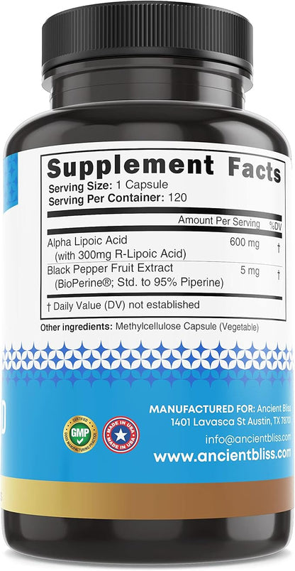 Ancient Bliss Alpha Lipoic Acid Supplement, Antioxidant and Energy Support, ALA Supplement with Bioperine, No Gluten and Soy, 600mg per Serving, 120 Vegan Capsules