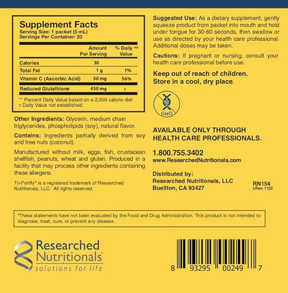 Researched Nutritionals Liposomal Glutathione (450mg) Liquid Gel + Vitamin C - Tri-Fortify - Aid Natural Energy, Immune Support & Detox - Clinically Researched for Absorption, Watermelon (20 Packets)