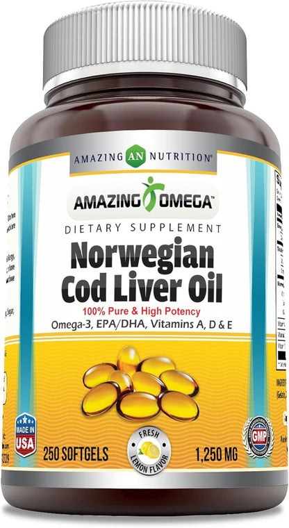 Amazing Omega Norwegian Cod Liver Oil 1250 Mg Softgels Supplement | Omega-3, EPA, DHA, Vitamin A, Vitamin D & Vitamin E (Orange | 250 Count)