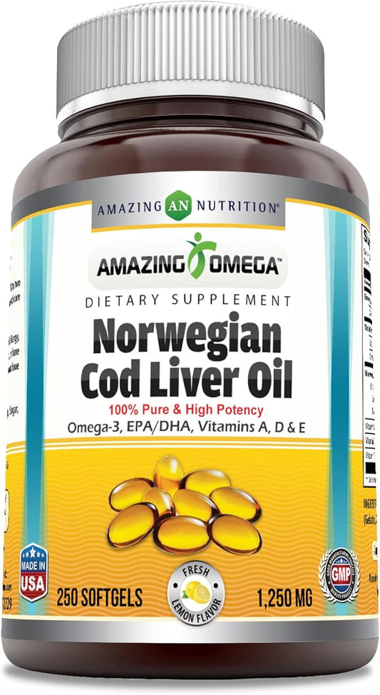 Amazing Omega Norwegian Cod Liver Oil 1250 Mg Softgels Supplement | Omega-3, EPA, DHA, Vitamin A, Vitamin D & Vitamin E (Orange | 250 Count)