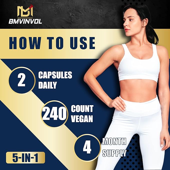 BMVINVOL Psyllium Husk Capsules Fiber Supplement with Fenugreek, Turmeric, Ginger, Black Pepper - Support Digestive System, Intestinal Health - 240 Count for 4 Month Supply