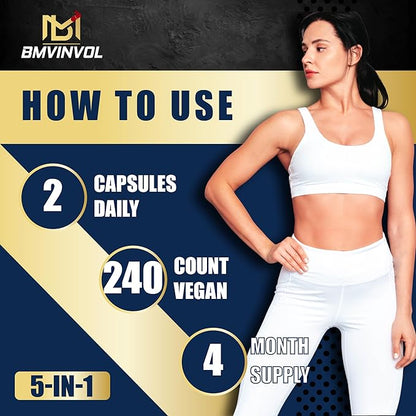 BMVINVOL Psyllium Husk Capsules Fiber Supplement with Fenugreek, Turmeric, Ginger, Black Pepper - Support Digestive System, Intestinal Health - 240 Count for 4 Month Supply