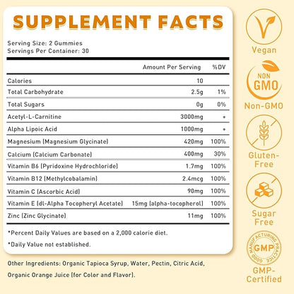 2 Pack Acetyl L-Carnitine Gummies for Energy & Brain Function Support – Vegan, Non-GMO, Orange Flavor, 120 Count (60-Day Supply)