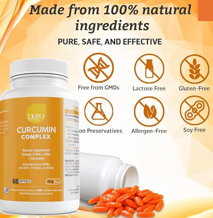 PuroOmega Curcumin Complex - Tripple Concentrated Omega 3 Oil Blended with Highly bioavailable Turmeric Supplement, 2 Months Supply. A VitalemedyMD Product
