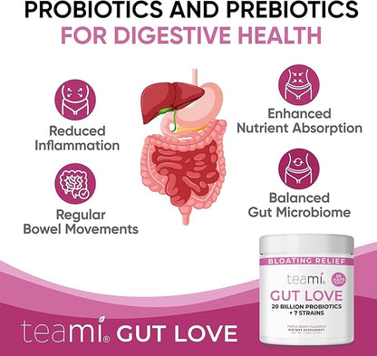 Teami Prebiotic and Probiotic Powder for Women - Promotes Digestion, Bloating Relief & Belly Balance - Gut Health Powder with 20 Billion Probiotics & 7 strains - Triple Berry Gut Love, 30 Servings